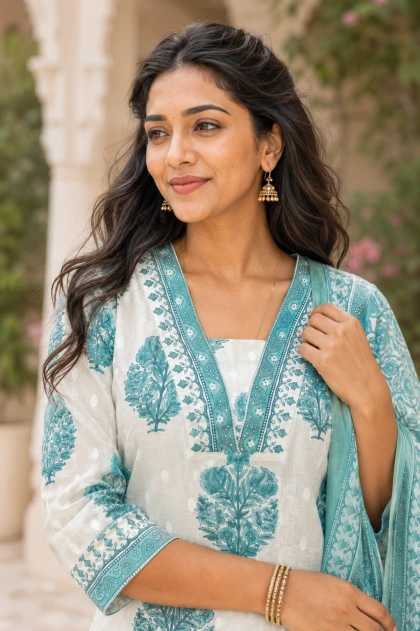 Aabha Blue Solid Print 3 Piece Chudithar Set