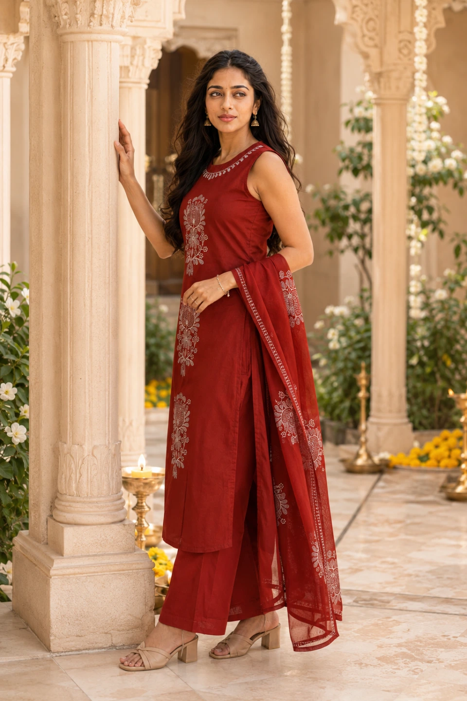 Ruhani Red Solid Print 3 Piece Chudithar Set