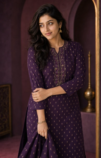 Inaya Purple Mirror Work 3 Piece Chudithar Set