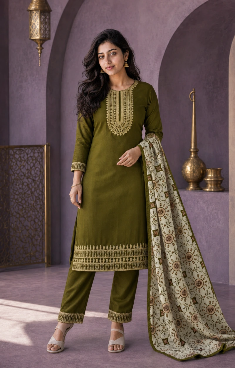 Meher Olive Green Lase Work 3 Piece Chudithar Set
