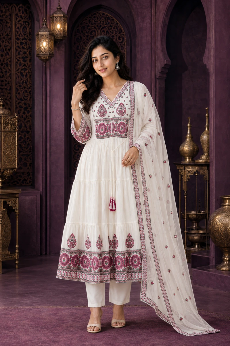 Aira White Embroidary Work 3 Piece Chudithar Set