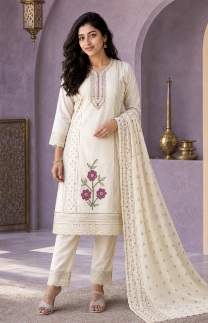Meher White Embroidary Work 3 Piece Chudithar Set