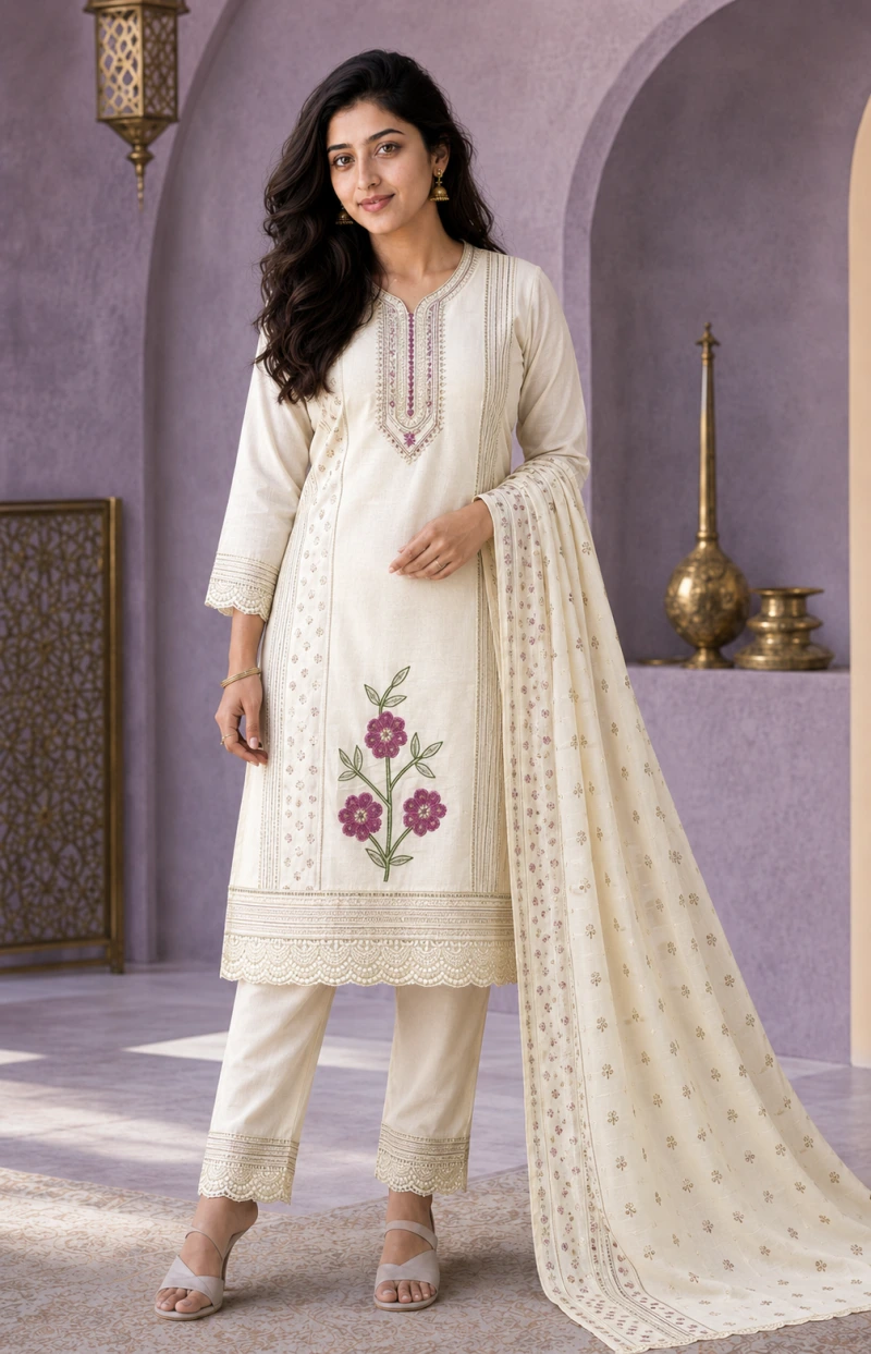 Meher White Embroidary Work 3 Piece Chudithar Set