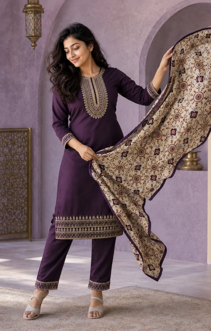 Samaira Purple Embroidary Work 3 Piece Chudithar Set