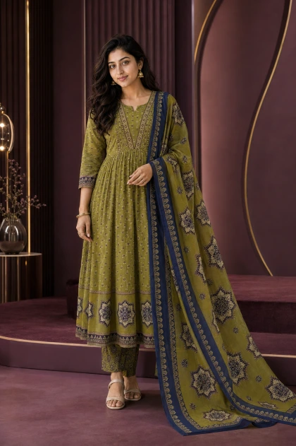 Noor Olive Green Printed Chudithar Sets