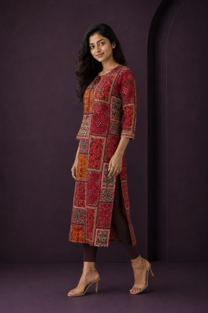 Ziya Red Kalamkari Print Kurti
