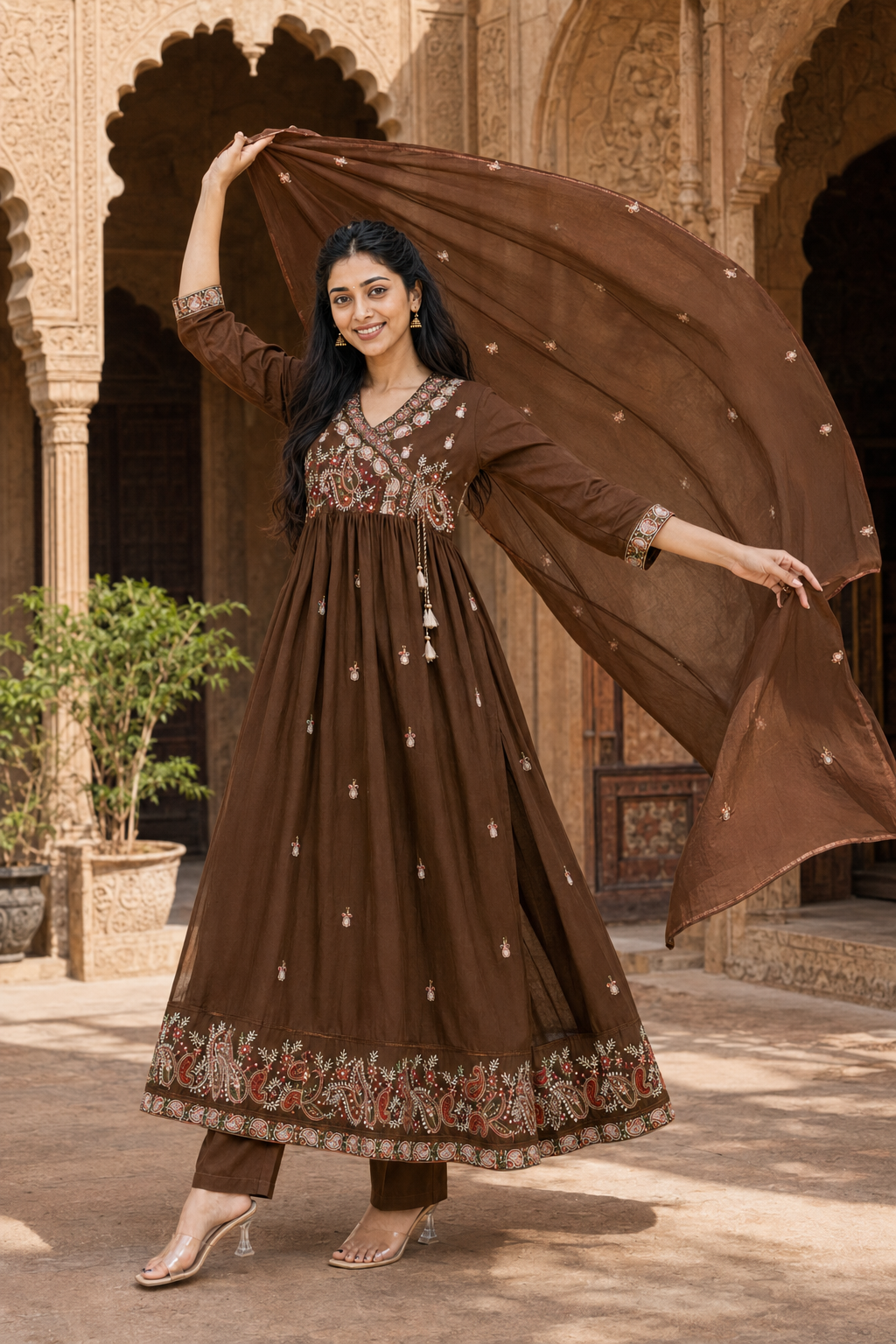 ZHURI Brown 3 Piece Chudithar Set