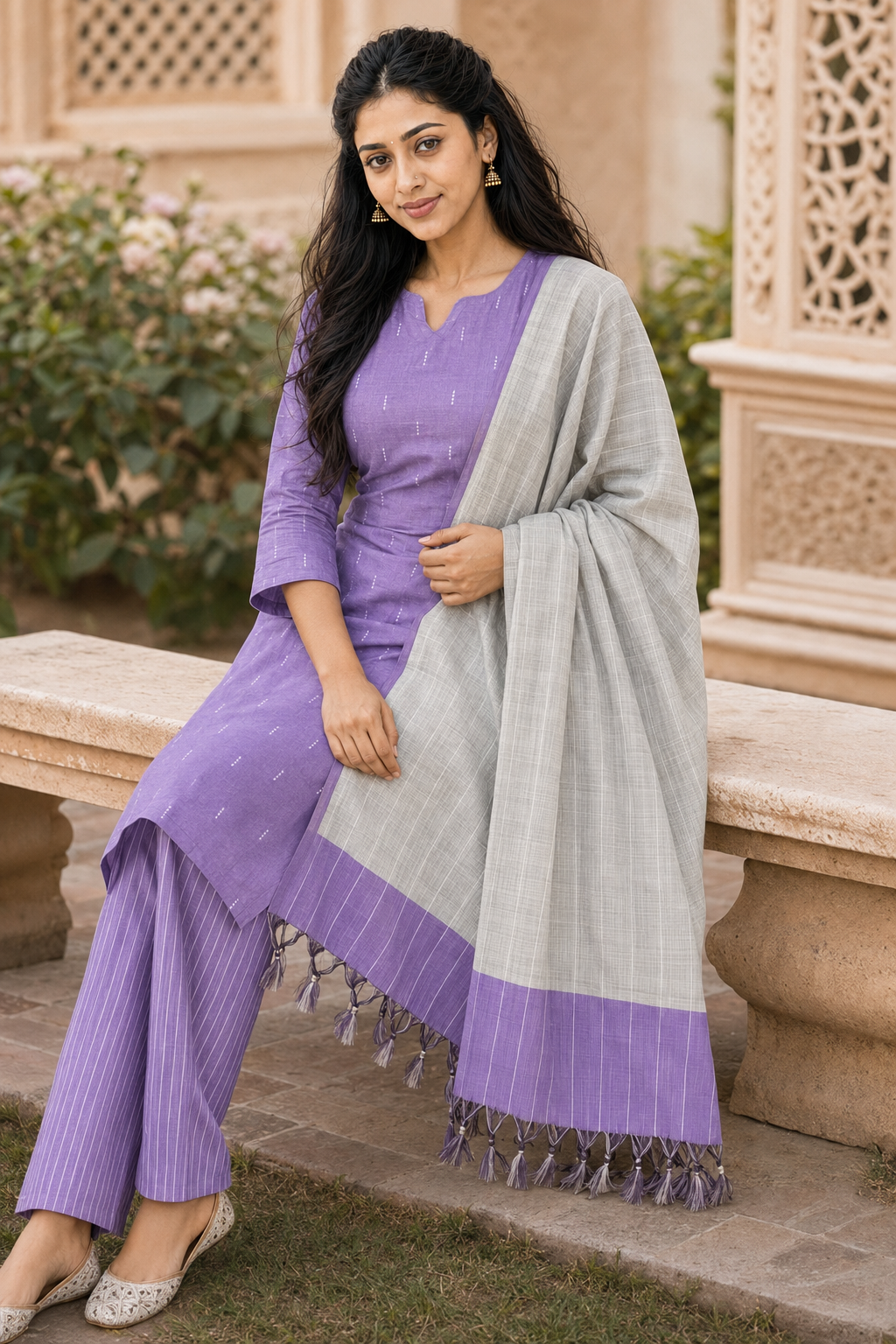Noor Lavender Solid Print 3 Piece Chudithar Set