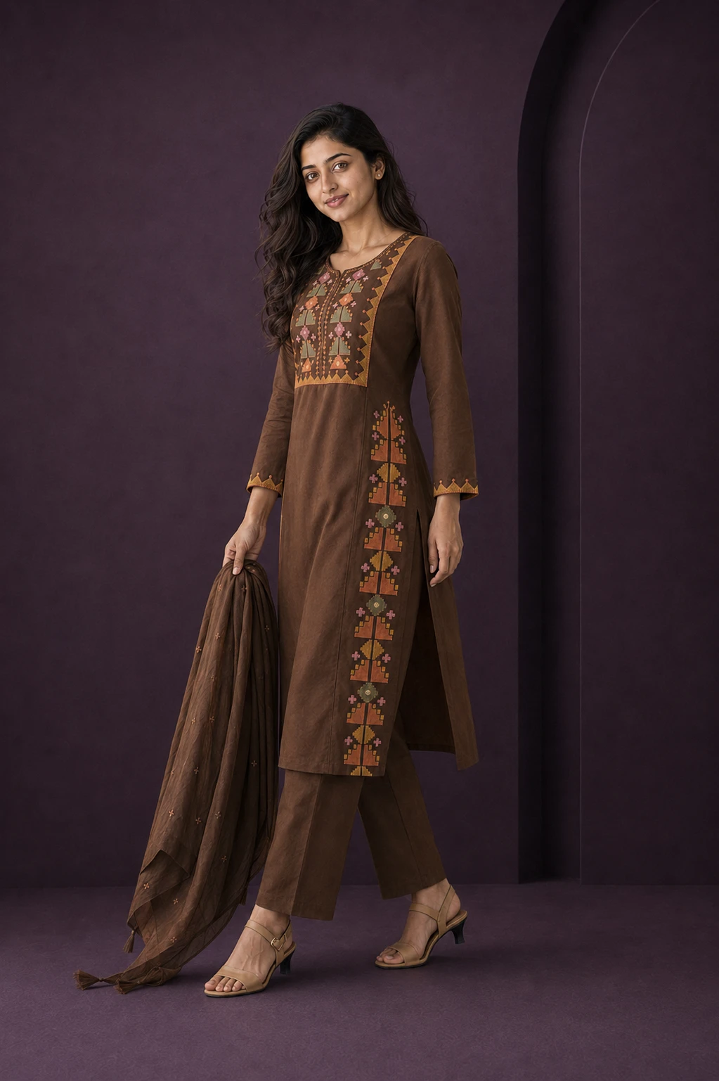 Ishira Brown Embroidered Chudithar Set